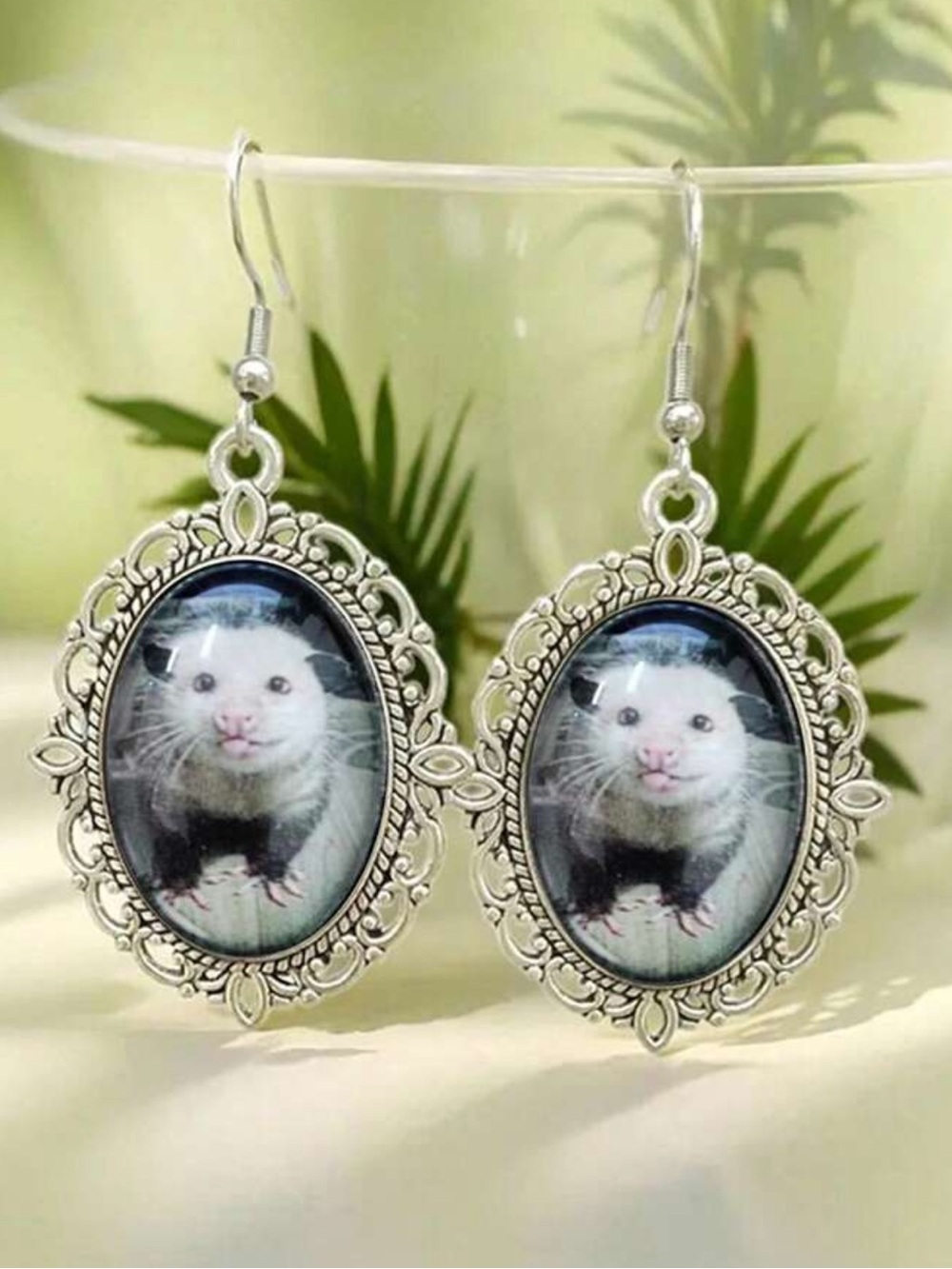Cottagecore Victorian inspired silver tone Opossum Pet Portrait Dangle Earrings